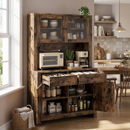 Jojoka 63" Tall Kitchen Pantry Hutch Cabinet with Drawers, Freestanding Storage Cabinet with Microwave Stand, Adjustable Shelves & Tempered Glass Doors for Dining Room Living Room,Brown