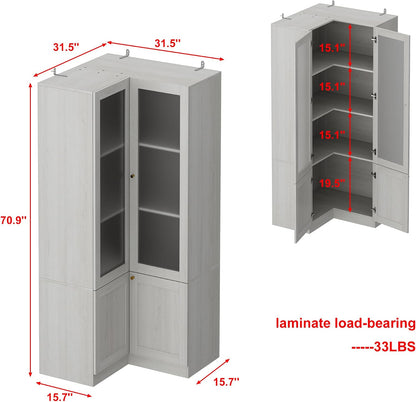 70.9" H L-Shaped Kitchen Pantry with Glass Doors, Modern Corner 4-Tiered Cupboard with Gold Handles & Wood Grain, Tall Display Storage Cabinet with Shelves for Living Dining Room, Natural