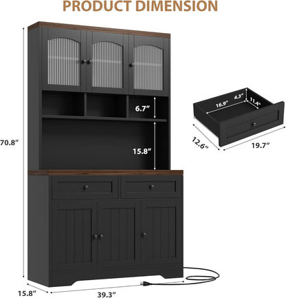 Garvee 71" Pantry Cabinet with Charging Station, Tall Kitchen Pantry Storage Cabinet with Microwave Stand, Farmhouse Kitchen Hutch with Storage Drawers for Living Room, Dining Room, Black