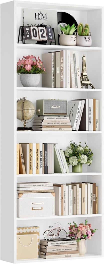 FOTOSOK 6-Tier Open Bookcase and Bookshelf, Freestanding Display Storage Shelves Tall Bookcase for Bedroom, Living Room and Office, White