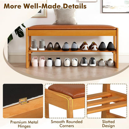 Giantex Shoe Rack Bench with Storage, Rubberwood Entryway Bench with Faux Leather Seat Cushion, Flip-Open Storage, 2-Tier Modern Shoe Rack Organizer for Entryway, Living Room, Bedroom (Brown)