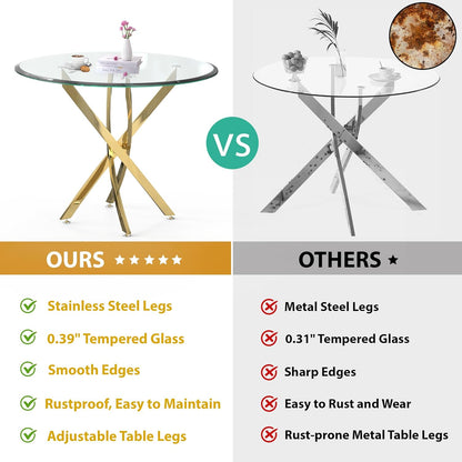 AF ARTISAN FURNITURE 5 Piece Round Glass Dining Table Set, Gold Glass Kitchen Table Set for 4 Modern Table Set with 4 Grey PU Upholstered Dining Chairs, for Small Space, Breakfast Nook