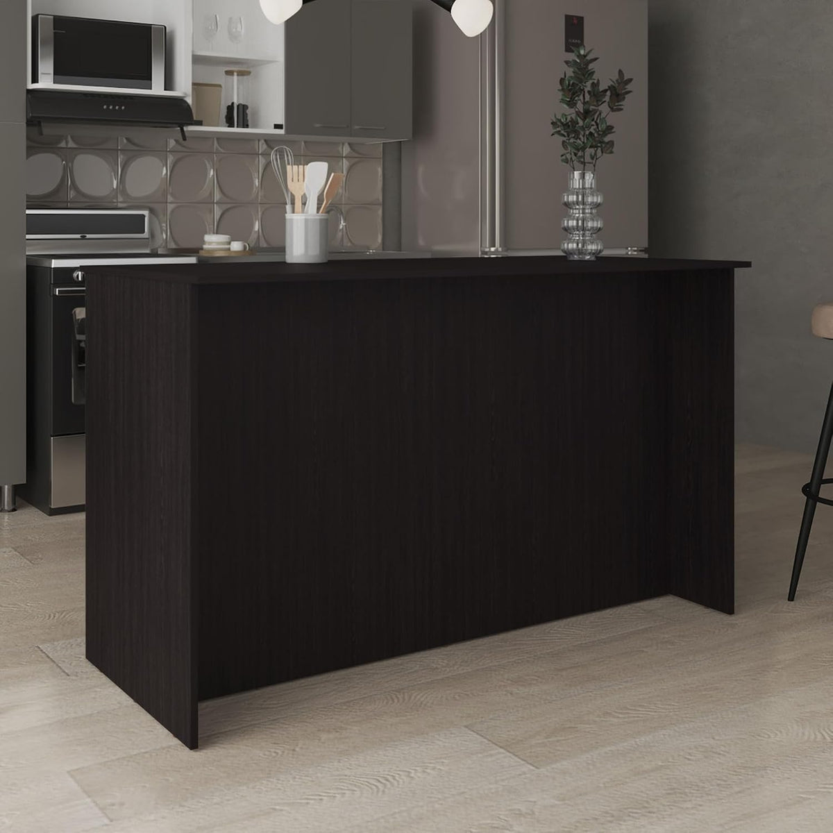 Kitchen Island with Three Open Shelves and Two Cabinets | Spacious 26" x 59" countertop with concealed storage and seating space