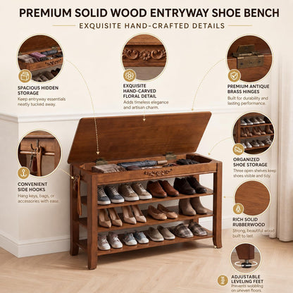 Shoe Rack Bench with Lift-Top Storage,3-Tier Shoe Storage Bench with Wooden Seat,550lbs Heavy Duty Entryway Bench for Hallway,Foyer,Front Door,Closet,Shoe Organizer Bench,39.4"