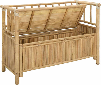 Bamboo Garden Storage Bench 110x47x80 cm, Natural Outdoor Bench with Hidden Seat Storage, Post Leg Design for Patio or Sunroom, Easy Assembly Required