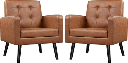Yaheetech Mid Century Accent Chairs Set of 2 Living Room Chairs Retro Brown | Faux Leather Upholstered Sillones Para Sala, Modern Reading Nook Chairs, Button Tufted Back, Rubberwood Legs, Bedroom Office