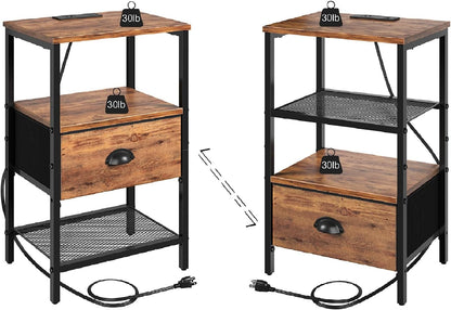 sthmec Nightstands Set of 2, Night Stands with Charging Station and Fabric Drawer, Bedside Tables with Drawers, 2- Tier Side Table with Open Shelf, Nightstands with Charging Station,Rustic Brown