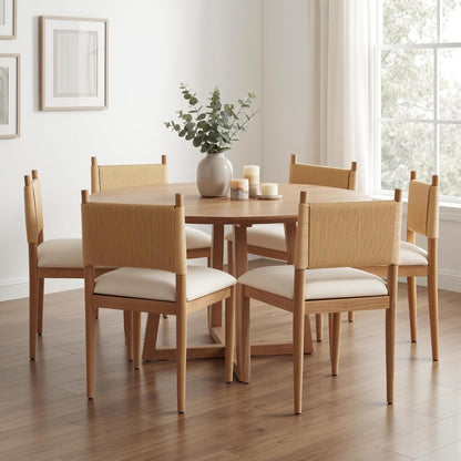 CIMOTA Modern Dining Chairs Set of 6, Mid Century Upholstered Dining Room Chairs with Woven Back, Armless Kitchen Chairs with Natural Solid Wood Legs, Linen Beige