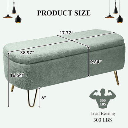 Modern Storage Ottoman Bench, Teddy Upholstered Entryway Bench with Gold Legs, Vintage End of Bed Bench with Safety Hinge, Padded Bench with Storage for Living Room, Bedroom, Entryway (Green)