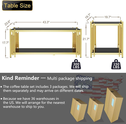 Glass Coffee Table Set of 3, End Table Modern Living Room Table Rectangle Clear Tempered Glass Stainless Steel Leg, Square Side Table for Home Furniture Set (Black, 43" Set of 3)