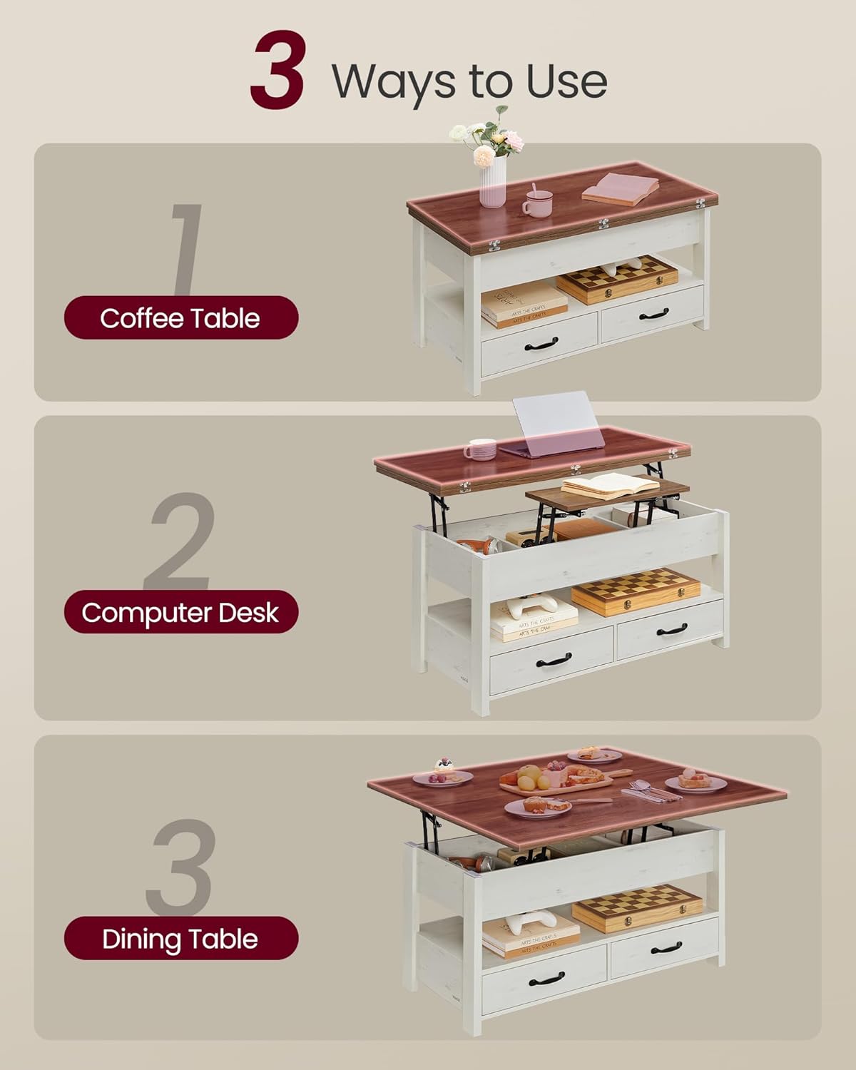 VASAGLE Coffee Table Lift Top, 3 in 1 Center Table with Storage, Gas Spring, 2 Drawers and 3 Hidden Compartments, Open Shelf, for Living Room, Home Office, Honey Brown and Rustic White ULCT254W01