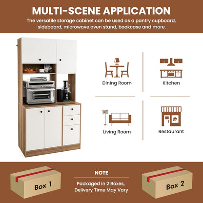 LOKO 71” Tall Kitchen Pantry Storage Cabinet, Freestanding Buffet Hutch with Doors, Adjustable Shelves, 3 Drawers and Microwave Stand, Kitchen Hutch for Dining Room, Living Room (White & Natural)