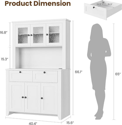 GarveeHome 66" Tall Pantry Cabinet with Power Outlet & LED Light, Kitchen Pantry Storage Cabinets with Countertop, Large Kitchen Hutch with Storage Drawers & Water Ripple Acrylic Panel Cabinet Door