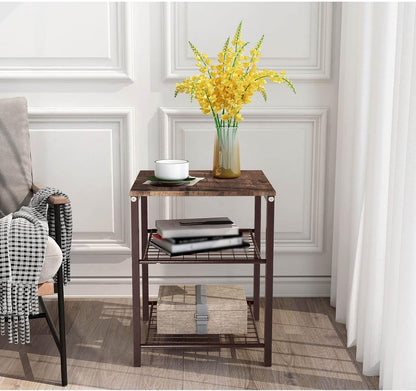 Wrought Iron Bedside Table with 3 Tier Open Storage Shelf Sofa Side Table, Portable Metal e Phone Table Easy to Install Suitable for Office Living Room Bedroom (Black)