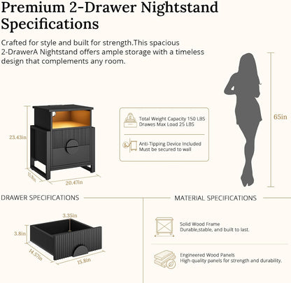 LGHM Set of 2 Fluted Nightstand with Charger Station Strip Lights, 20.47" W Night Stand with 2 Drawers, Large Accent Bed Side Table and End Table, Large Open Cubby, Raising H Legs,Black