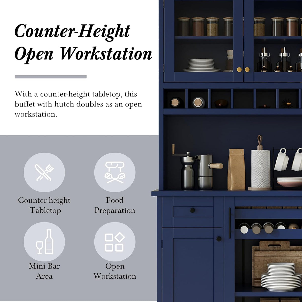 Kitchen Pantry Storage Cabinet, Tall Freestanding Farmhouse Buffet with Hutch 74.8” Tall, Adjustable Shelves & Wine Rack Built in, Large Cupboard for Living Room, Dining Room, Blue