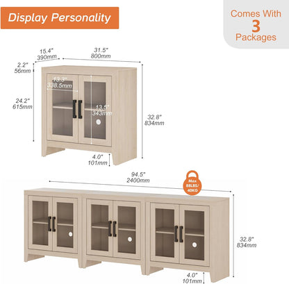 WAMPAT Buffet Cabinet with Storage, Large Sideboard Accent Cabinets with 6 Glass Doors, Modern Farmhouse Coffee Bar Cabinet, Wood Console Table for Kitchen, Dining Room, Living Room, Beige