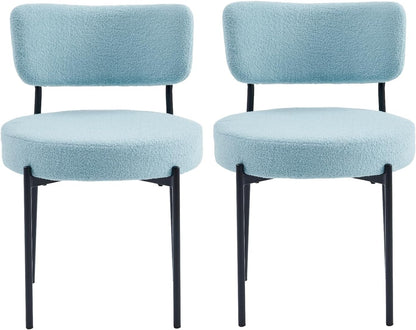 Boucle Dining Chairs Set of 2, Blue Mid Century Modern Kitchen Dining Room Chairs with Curved Backrest and Metal Frame, Round Upholstered Dining Chairs for Kitchen, Living Room