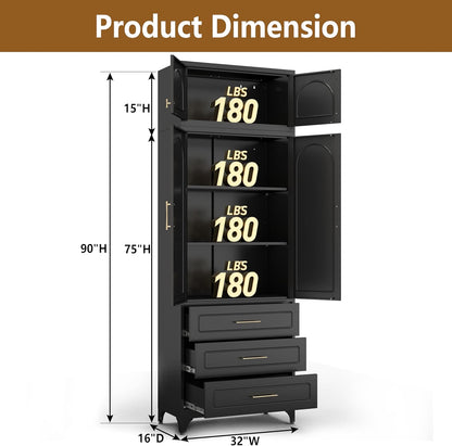 Polup Kitchen Pantry Cabinet with 3 Drawers, 90" Tall Metal Storage Cabinets with Doors and Shelves, Food Cupboards for Dining, Living Room, 16" D x 32" W x 90" H, Black, Assembly Required