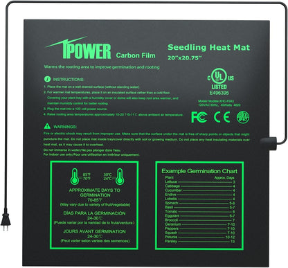 iPower Seeding Heat Mat Upgraded Carbon Film Indoor Warm Hydroponic Plant Germination Starting Pad Durable Waterproof, 20" x 20.75", Black