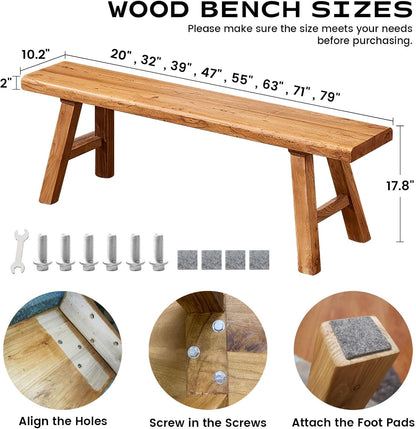 Narrow Entryway Bench Farmhouse Wood End of Bed Bench 20" 32" 39" 47" 55" 63" 71" 79" Sturdy Stable Skinny Long Benchs for Bedroom Hallway Dining Room Porch Easy to Assemble Natural Finish(55")