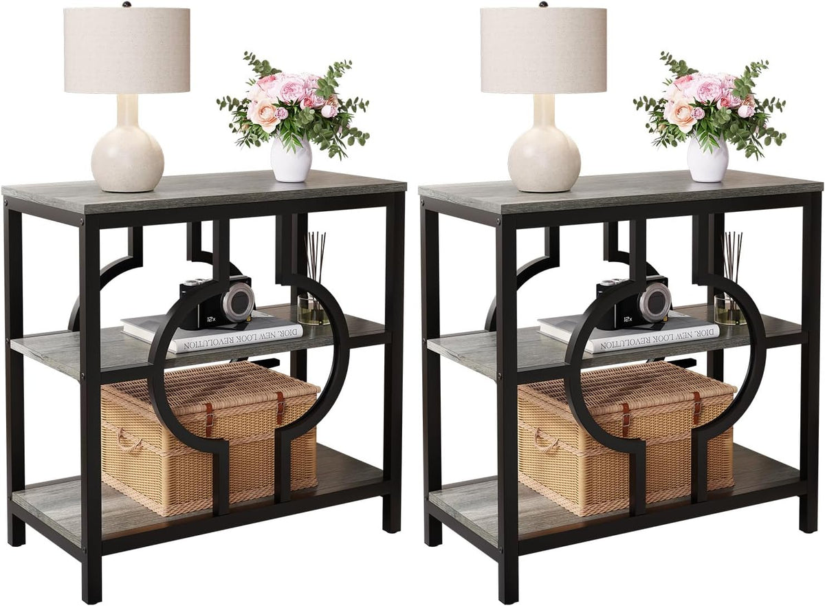 End Table Set of 2, Narrow Side Table with 3-Tier Storage Shelves, Wood Sofa Side Table with Geometric Metal Frame for Living Room, Industrial Bedside Nightstand for Bedroom (Gray)
