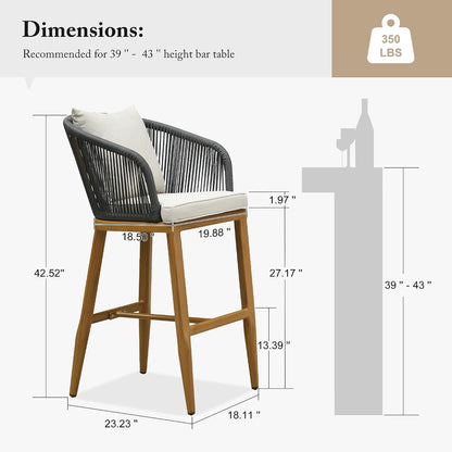 PURPLE LEAF 4 Pieces Bar Height Stools Patio Modern Aluminum Wicker High Back Arms Bar Chairs with Removable Cushions and Pillows for Garden Pool Outdoor Barstools, Teak
