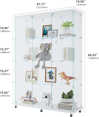 4 Shelves Glass Display Cabinet with 2 Doors Extra Large Display Case Curio Cabinets with Whees & Lock,Glass Bookshelf Storage Collection Display Case for Living Room,47.71"W x 14.37" D x 66.53"H