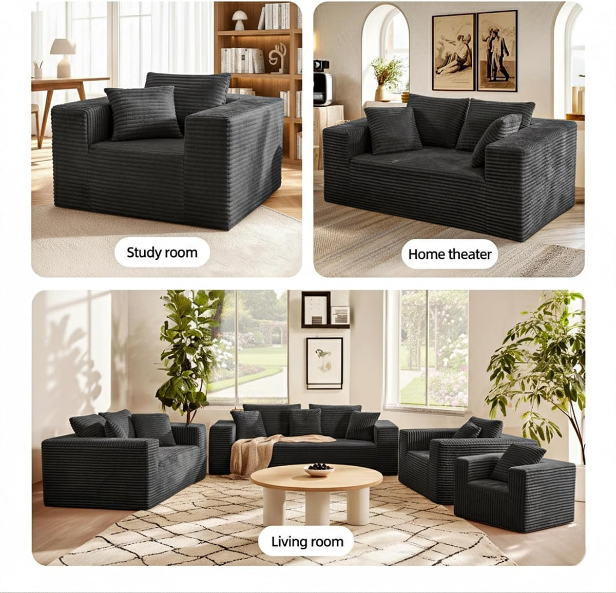 3-Seater Deep-Seat Corduroy Lounge Sleeper Sofa - No Assembly, Frameless Foam Cloud Couch for Living Room, Bedroom, Apartment, Dorm, Office
