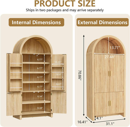 Arched Cabinet, 71" Tall Arched Kitchen Pantry Storage Cabinet with Doors, Modern Fluted Kitchen Storage Cabinet with Adjustable Shelves, Natural Cupboard for Kitchen, Dining Room, Bathroom