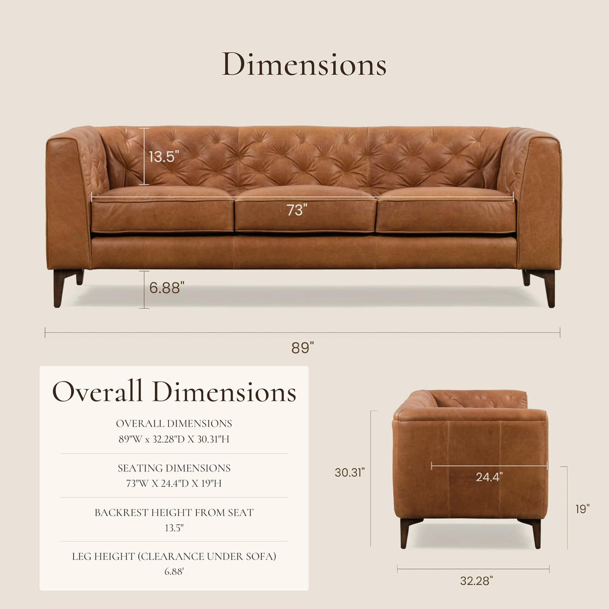 POLY & BARK Essex 89” Full-Grain Italian Leather Sofa – Tufted Back, Feather-Down Comfort, Solid Wood Frame, Cognac Tan