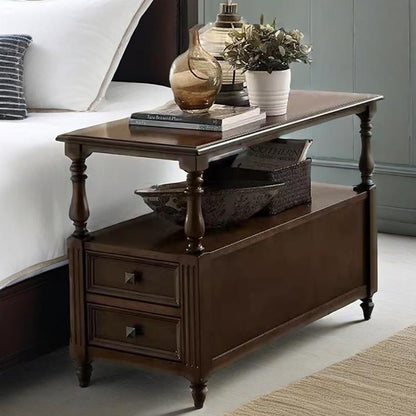 YUNMUARY-Solid Wood End Table with 2 Drawer Mid-Century Nightstand Narrow Side Tables with Storage Dark Walnut Side Tables for Living Room Small Space Sofa Side Table,Easy Assembly