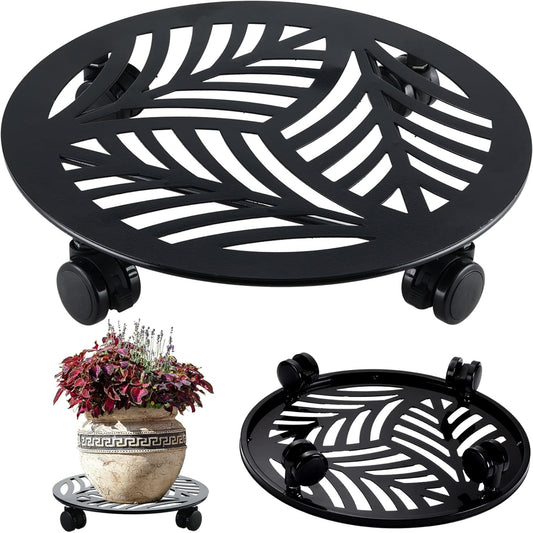1 Packs Large Metal Plant Caddy with PU Wheels 13.6" Heavy-Duty Wrought Iron Rolling Plant Stands Indoor Outdoor Wheeled Plant Dolly Planter Mover Rollers Plant, Leaf Style