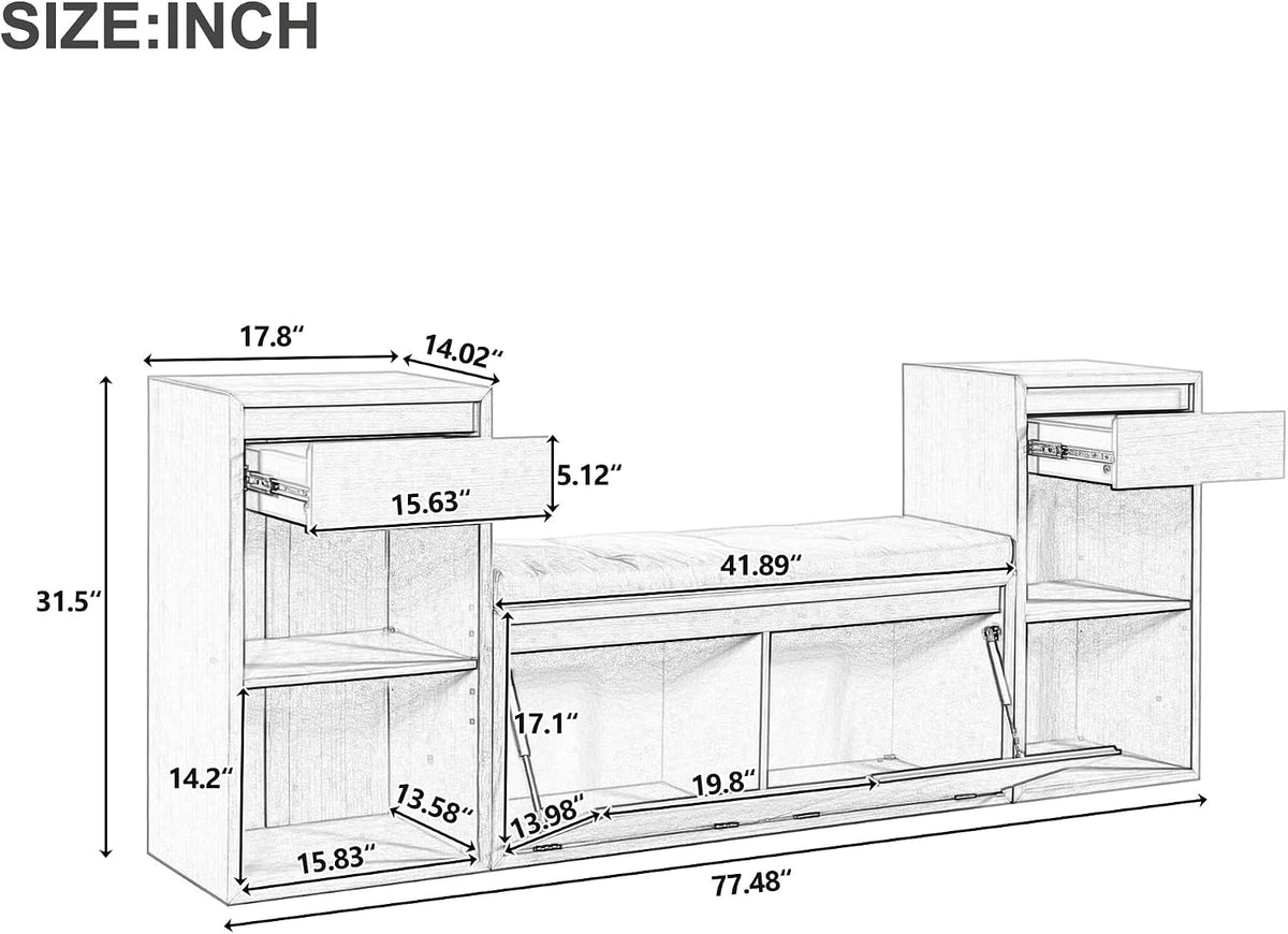 SOFTSEA All-in-One Entryway Storage Bench with Cushion, Compartments, Drawers and Open Shelves, Farmhouse Storage Bench for Hallway, Mudroom, Living Room, Antique Navy