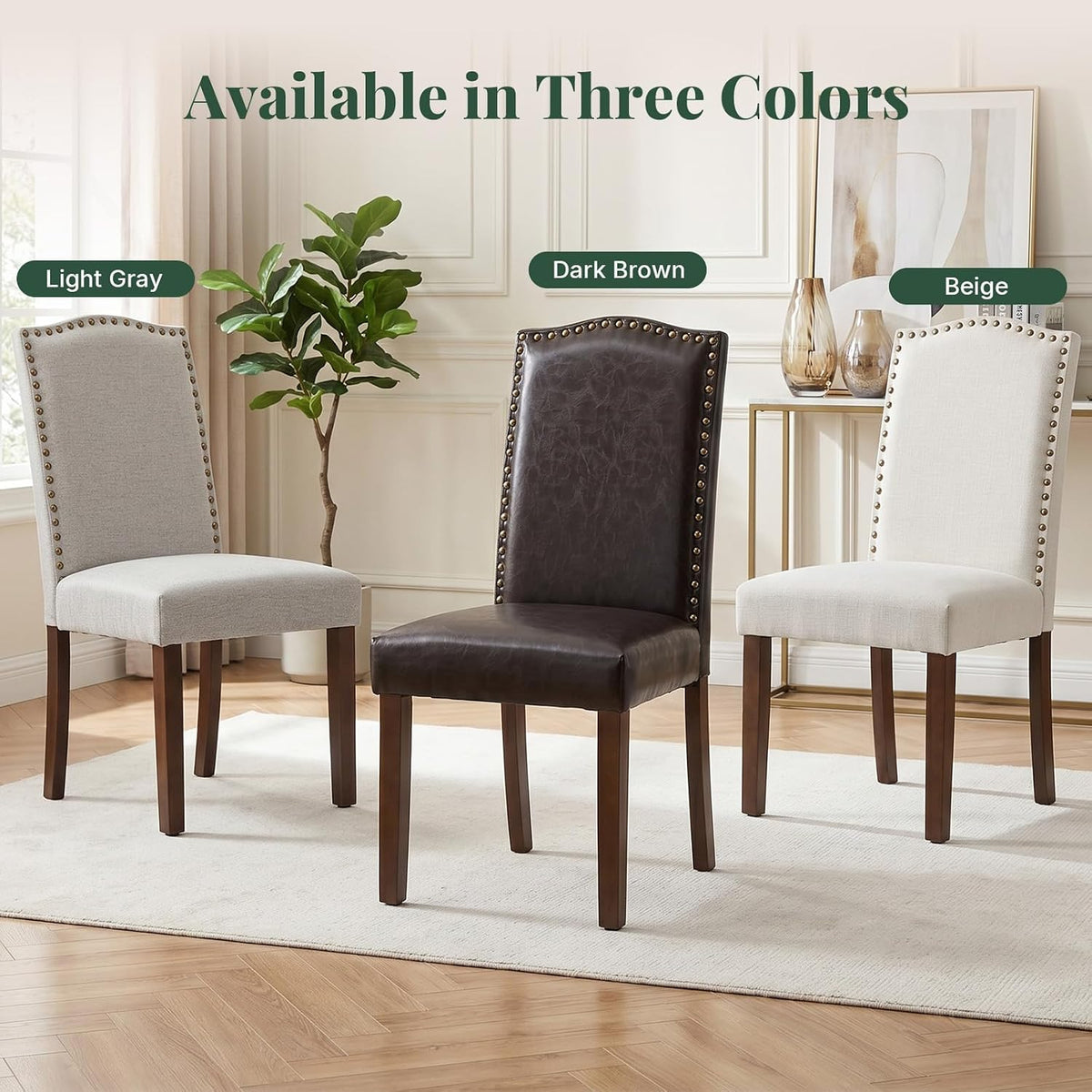 Upholstered Dining Chair Set of 4, Farmhouse Fabric Kitchen Chair | Modern, Padded Seat, Solid Wood Legs, High Back, Nailhead Trim, Living Room, Restaurant, Hotel, Beige