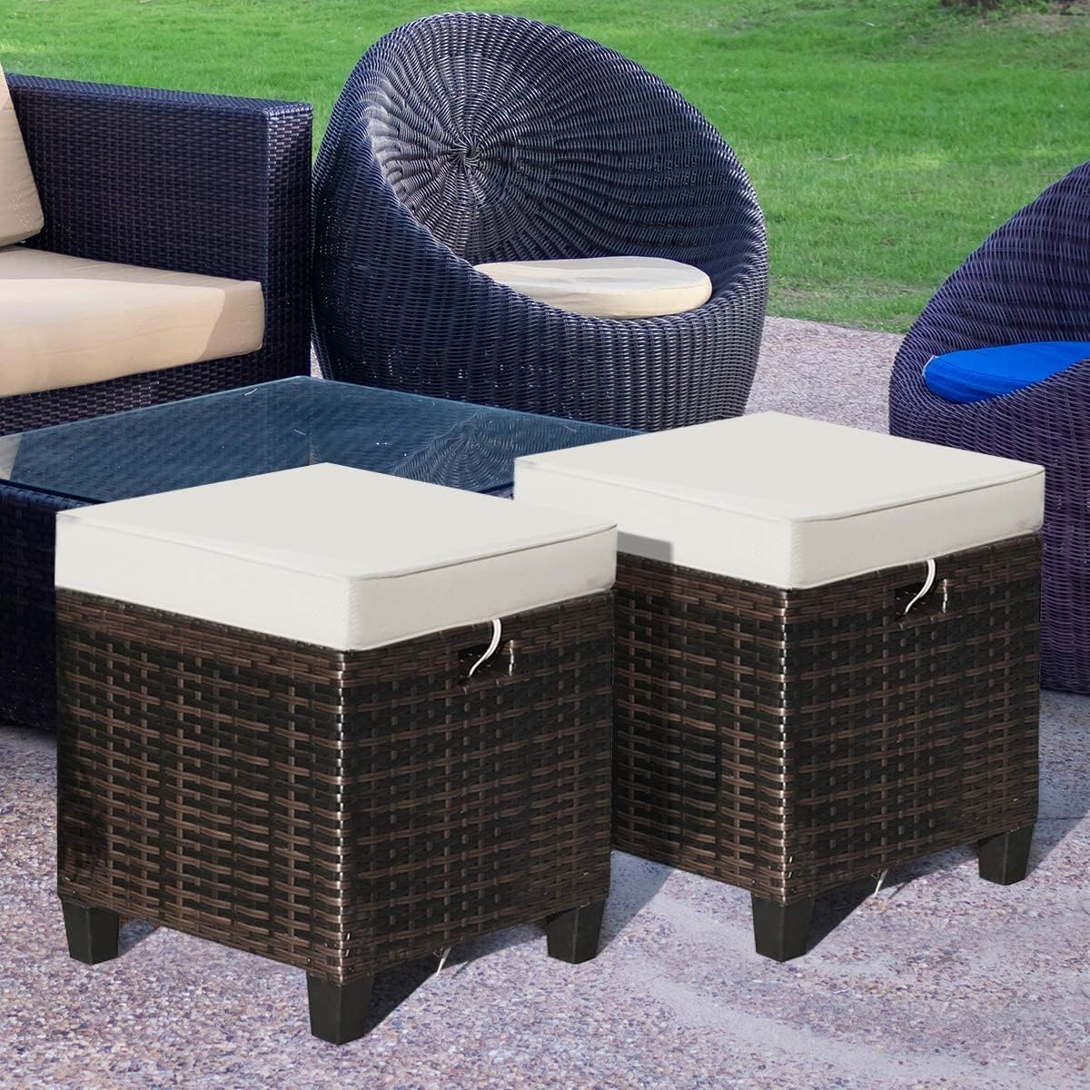 DORTALA Outdoor Ottoman Wicker 2 Piece, Patio Ottomans PE Rattan Foot Rest with Cushion for Couch, Chair, Brown
