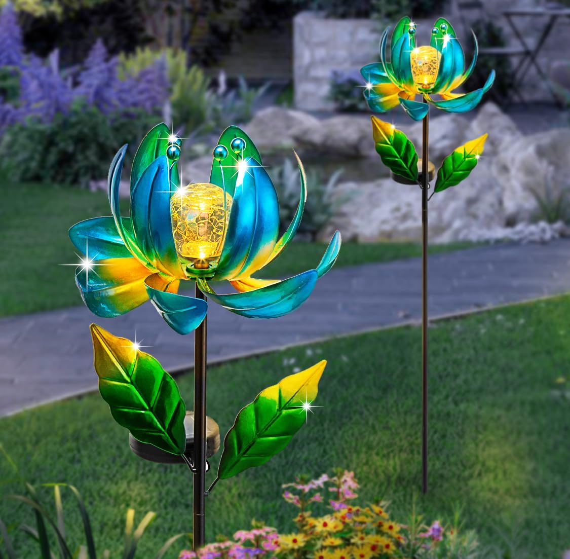 Solar Yard Lights Wind Spinners- Metal Lotus Flower Garden Decor LED Crackle Glass Globe Yard Art Sculpture Solar Stake Lights for Patio Pathway Lawn Walkway