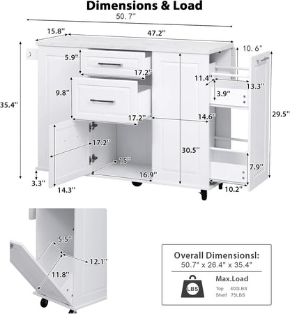 50.7" Kitchen Island with Drop Leaf Storage for Trash Can White