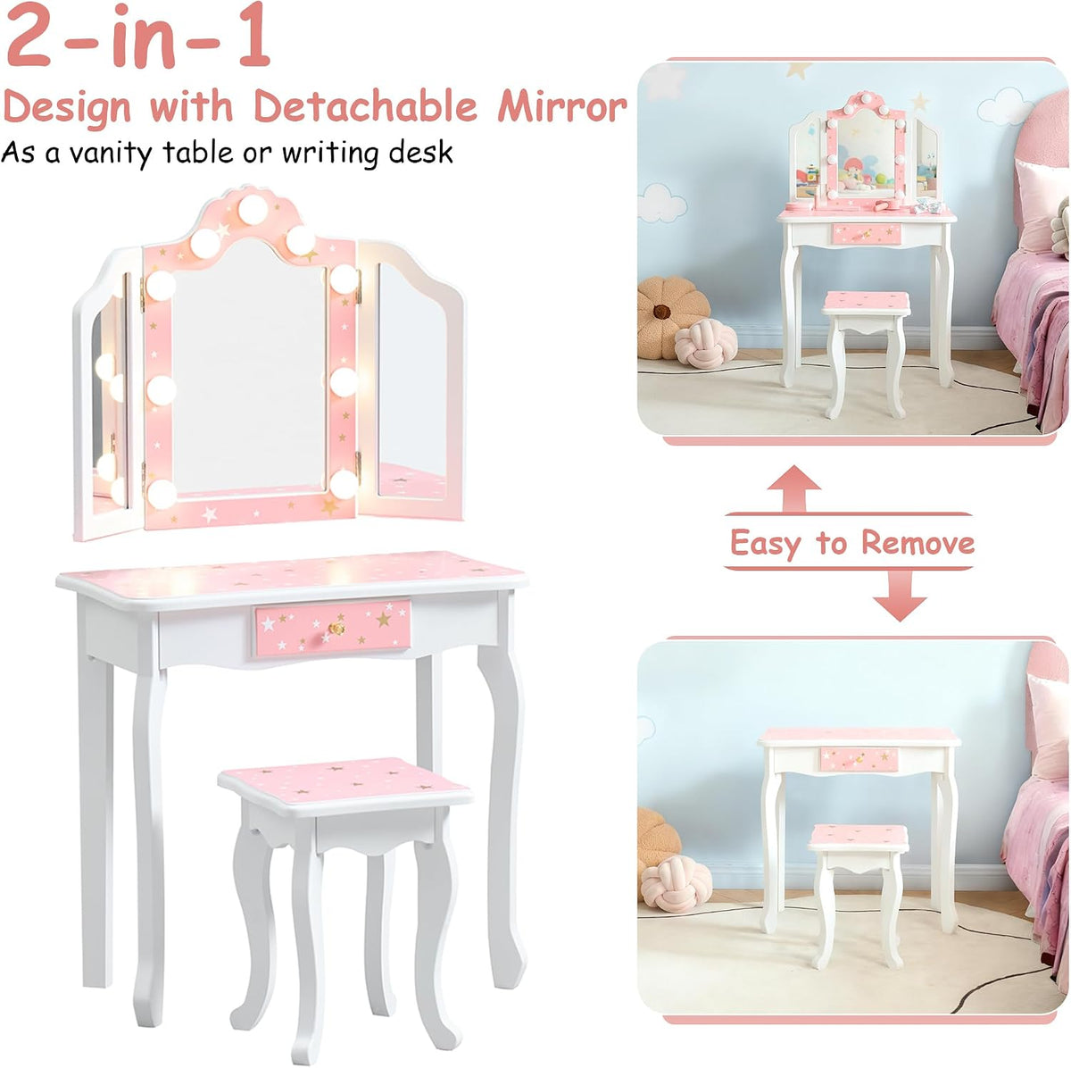 Kids Vanity with Lights, Princess Girls Vanity Set with 3-Color LED Lighted, 2 in 1 Wooden Toddler Vanity Table & Chair Set Mirror and Stool for Little Girls