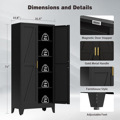 71" Tall Metal Pantry Cabinet, Kitchen Storage Cabinet with 2 Doors and 4 Adjustable Shelves for Kitchen, Living Room, Dining Room, Bathroom and Home, Office (Black, 1PC)