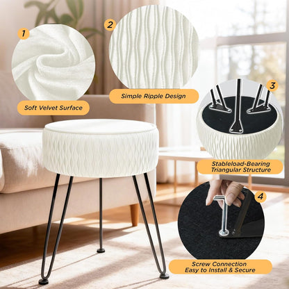 Velvet Vanity Stool Footrests, Round Ottoman Vanity Chairs with Anti-Slip Feet, Dressing Table Seat Foot Stool with Black Legs, Furry Padded Seat Side Table for Makeup Bedroom, White