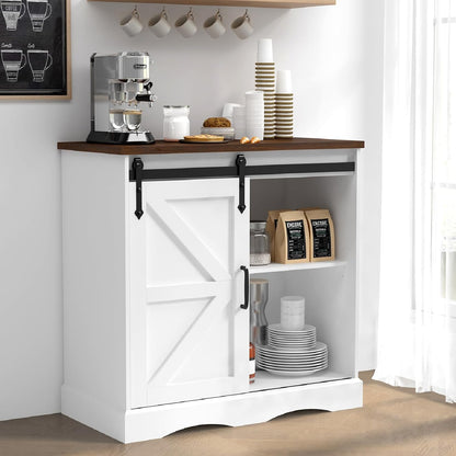 HOMFAMILIA 31.5" H Farmhouse Coffee Bar Cabinet w/Storage, White Kitchen Coffee Station with Sliding Barn Door, Rustic Buffet Cabinet with Adjustable Shelves, for Kitchen, Living Room, White