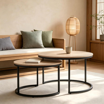 31.5 Inch Round Nesting Coffee Tables Set of 2, Oak‑Tone Stackable Side Tables with Sturdy Metal Legs, Space‑Saving Easy‑Assembly Accent Tables for Living Room