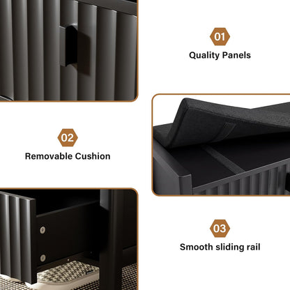Furniway Black Fluted Shoe Bench with 2 Drawers, Entryway Storage Bench with Thick Padded Cushion Seat, Open Bottom Shoe Storage Shelf for Hallway, Living Room, Bedroom, 47.2" W