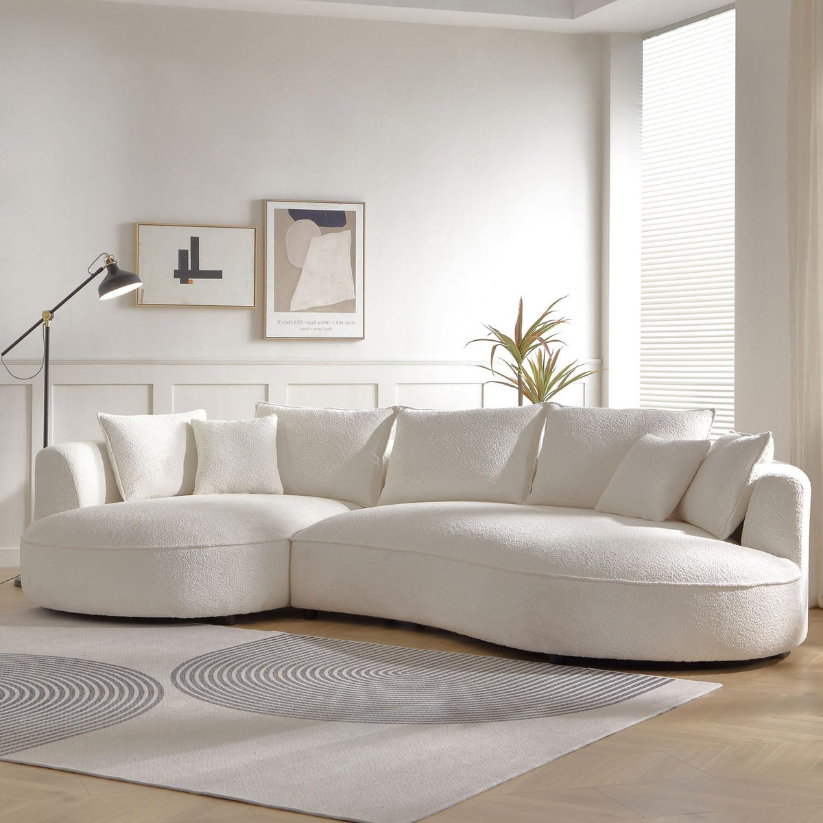 WILLIAMSPACE 124.8" Boucle Curved Sofa Couch, Modern Upholstery Cloud Sofa with Pillows, Left Hand Facing Sectional Boucle Fabric Couch for Living Room (Left-Facing,Light Cream)