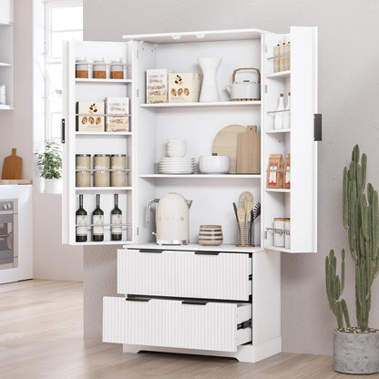 72'' Tall Farmhouse Pantry Cabinet with 2 Drawers and 2 Doors – Grooved MDF Freestanding Storage Cabinet for Kitchen, Bathroom, Entryway, or Dining Room (White)