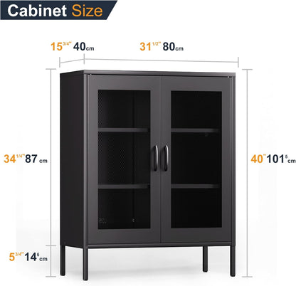 QINPTWUT 40" Industrial Storage Pantry, Kitchen Storage Cabinet with Mesh Door, 2 Adjustable Shelves, Freestanding for Kitchen, Dining Room,Bedroom, Workshop, Office, Garage (Black, 40")