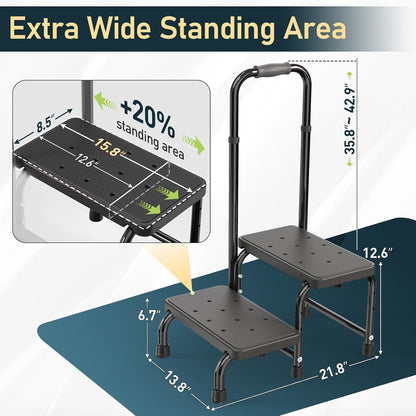 Suteck 2 Step Stool with Handle for Elderly Adults, 6-Leg Welded Bedside Step Stool for High Beds, 10-Level Adjustable Handrail, Wide Non-Slip Platform for Bathroom, Kitchen, RV, 450 lb, Black