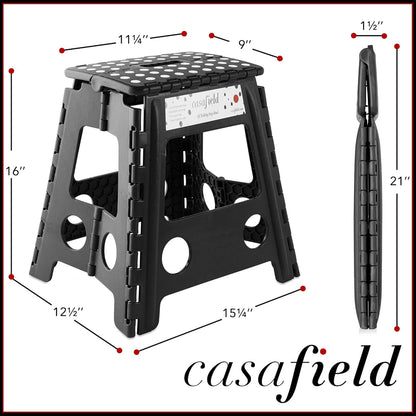 Casafield 16" Folding Step Stool with Handle, Black - Portable Collapsible Small Plastic Foot Stool for Adults - Use in the Kitchen, Bathroom and Bedroom