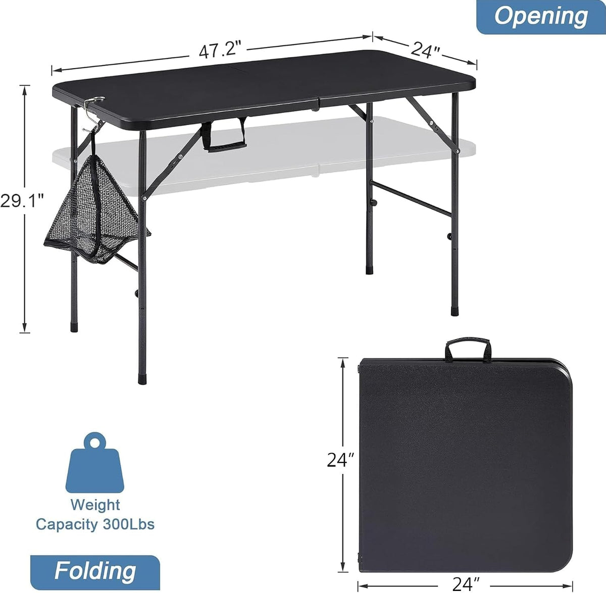 VECELO Folding Table 4 Foot with Mesh Bag, Indoor Outdoor Heavy-Duty Portable w/Handle,Fold-in-Half for Picnic, Party, Camping, Matte Black